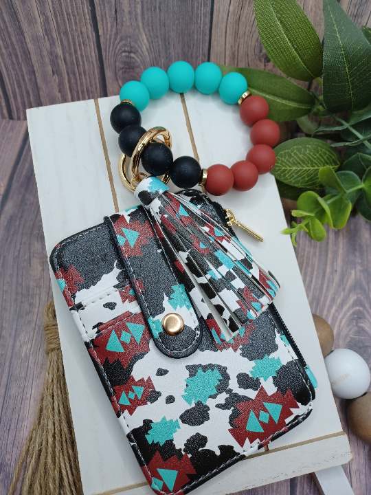 PREORDER - Cow Print Western Themed Beaded Wristlet Wallet