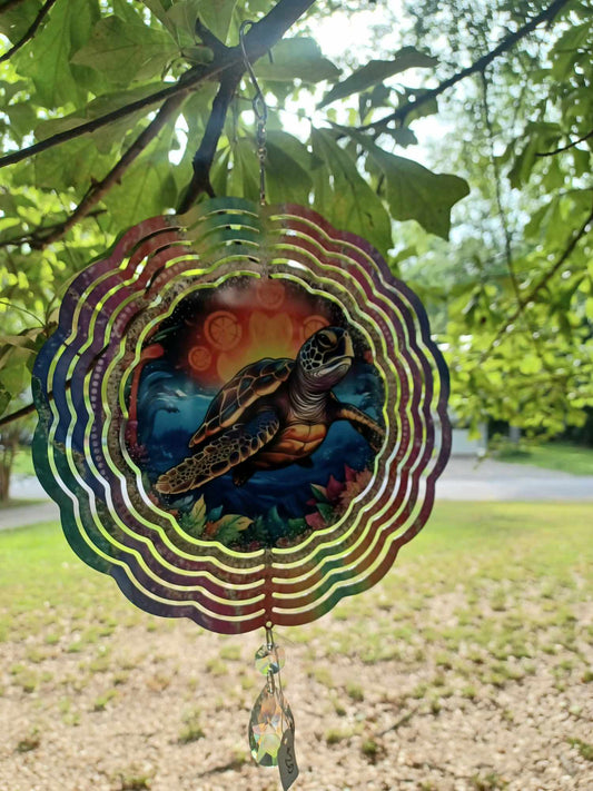 Colorful Sea Turtle Wind Spinner with Reflective Teardrop Dangle