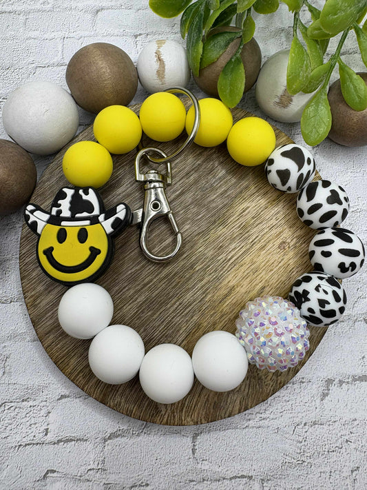 Cow Print Smily Face Beaded Wristlet Keychain