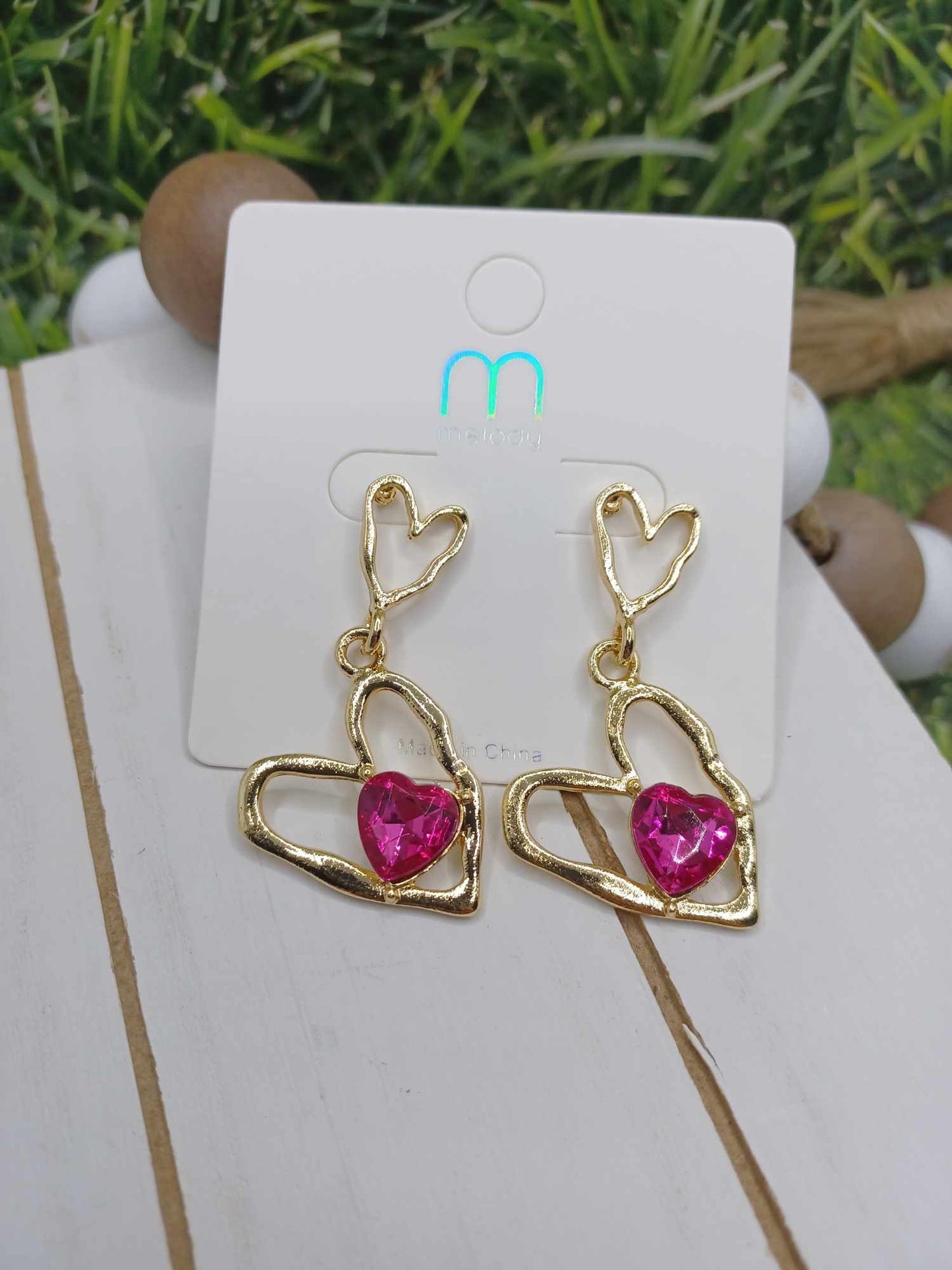 Distressed Gold Heart Earrings - Hot Pink