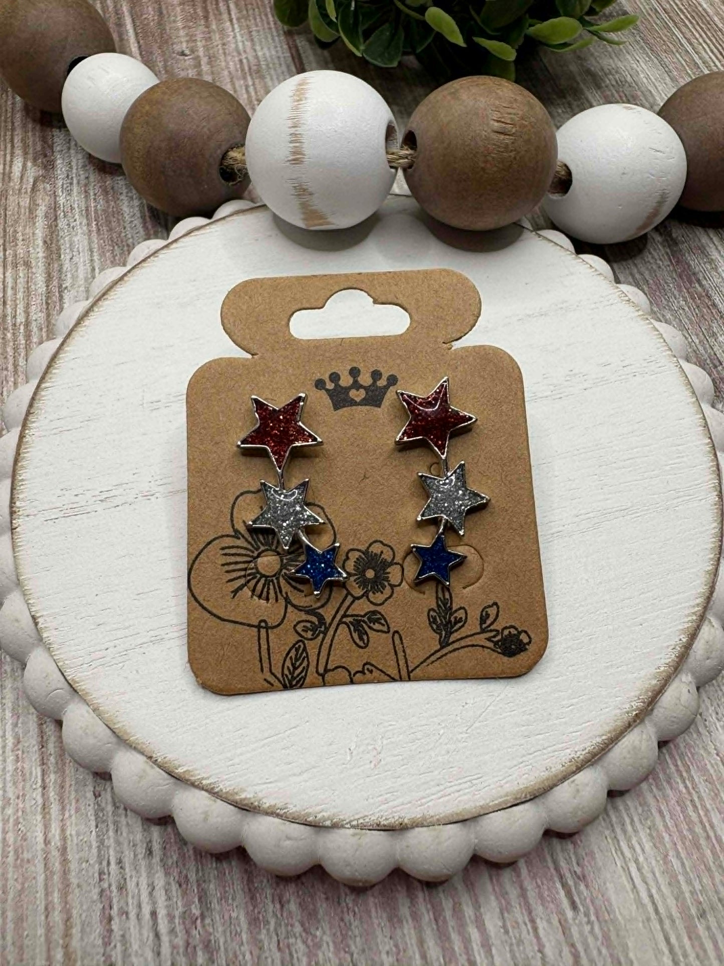 Red, White, Blue Glitter Star Ear Crawler Style Earrings