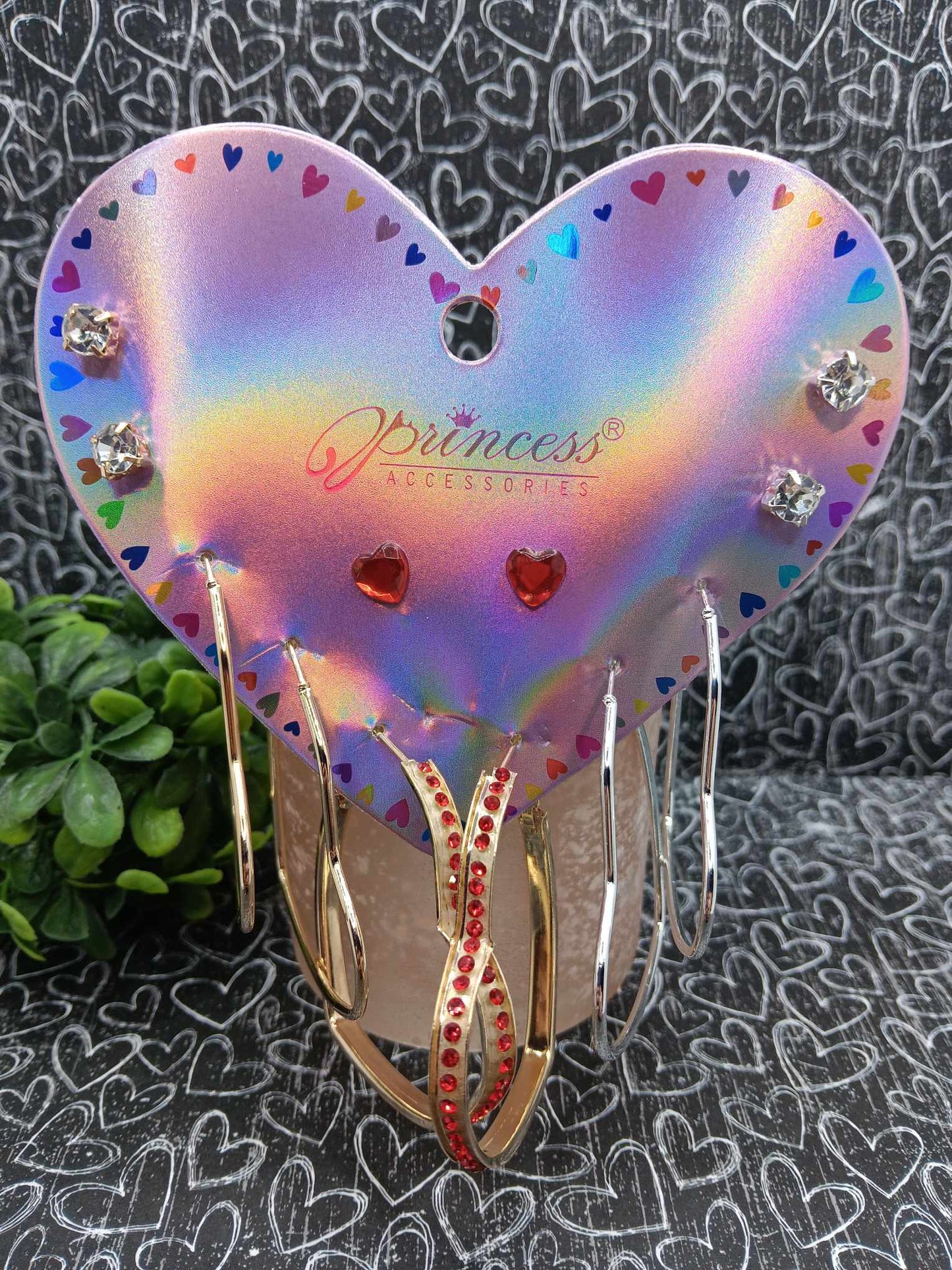 Heart Hoop Earring Set - Comes with 6 pairs - Red Rhinestone