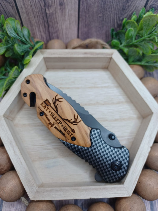 PREORDER - Eat Sleep Hunt Wooden Engraved Utility Knife
