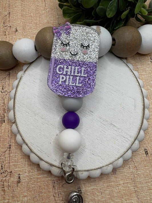 Chill Pill Beaded Badge Reel - Grey, Purple, White