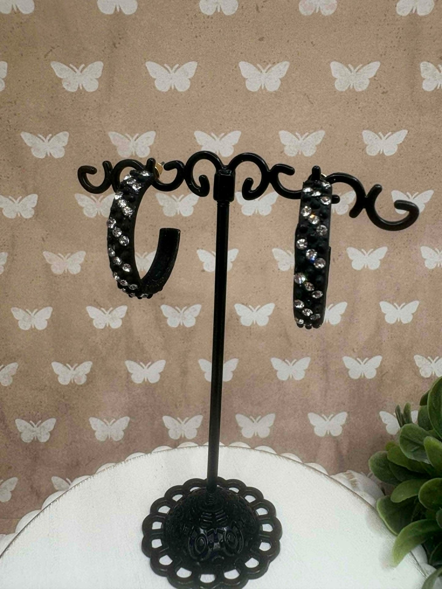 Black Rhinestone Hoop Earrings