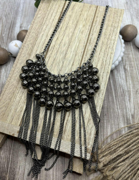 Gunmetal Necklace w/ Beading & Tassles