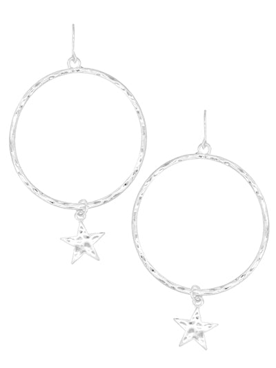 Silver Textured Circle Earrings w/ Star Dangle
