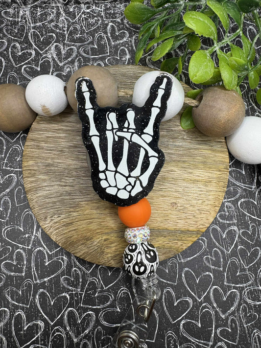 Skeleton Hand Beaded Badge Reel