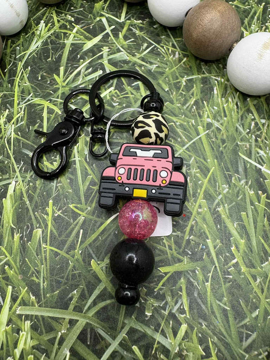 Pink Truck Beaded Keychain