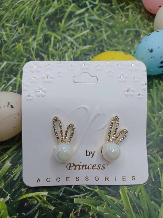 Gold Pearl Iridescent & Rhinestone Studded Bunny Earrings