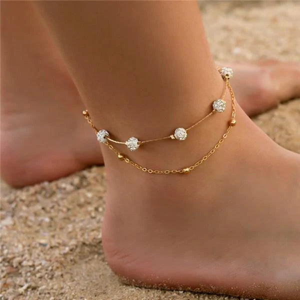 Gold Double Layered Bracelet/Anklet w/ Rhinestones