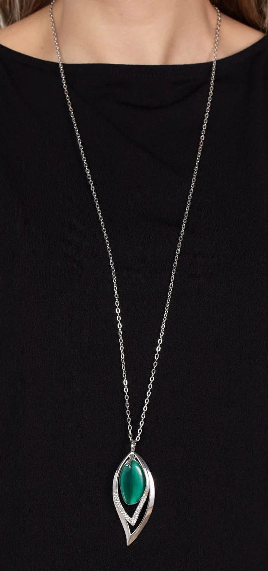 Silver Long Necklace w/ Green Moonstone & Rhinestone Pendant