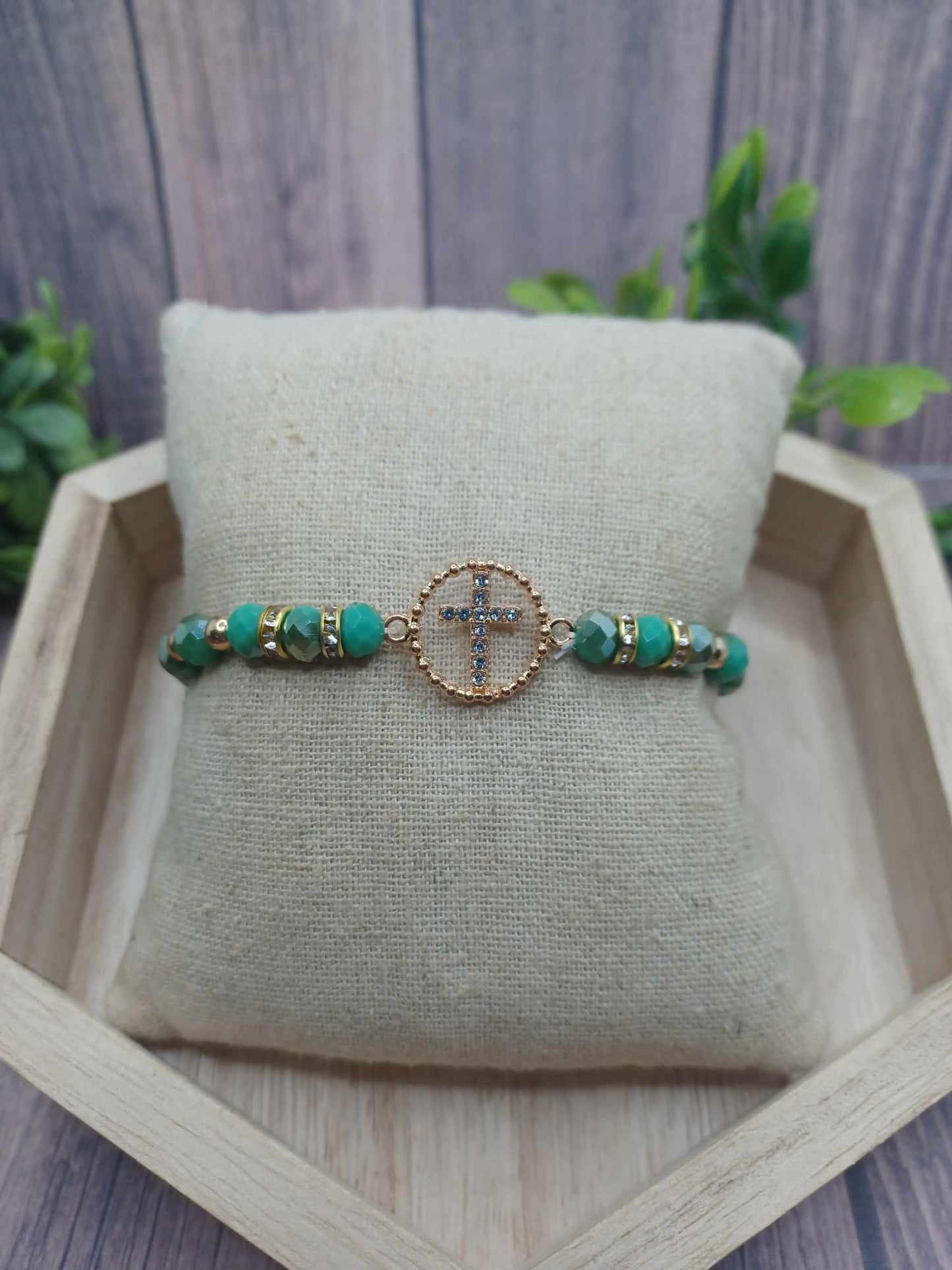 Green Beaded Cross Bracelet