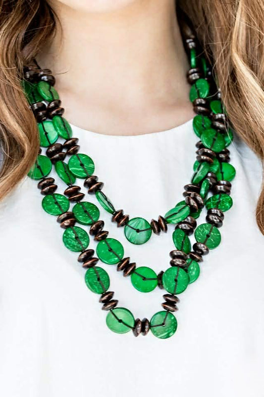 Green & Brown Wooden Beaded Layered Necklace