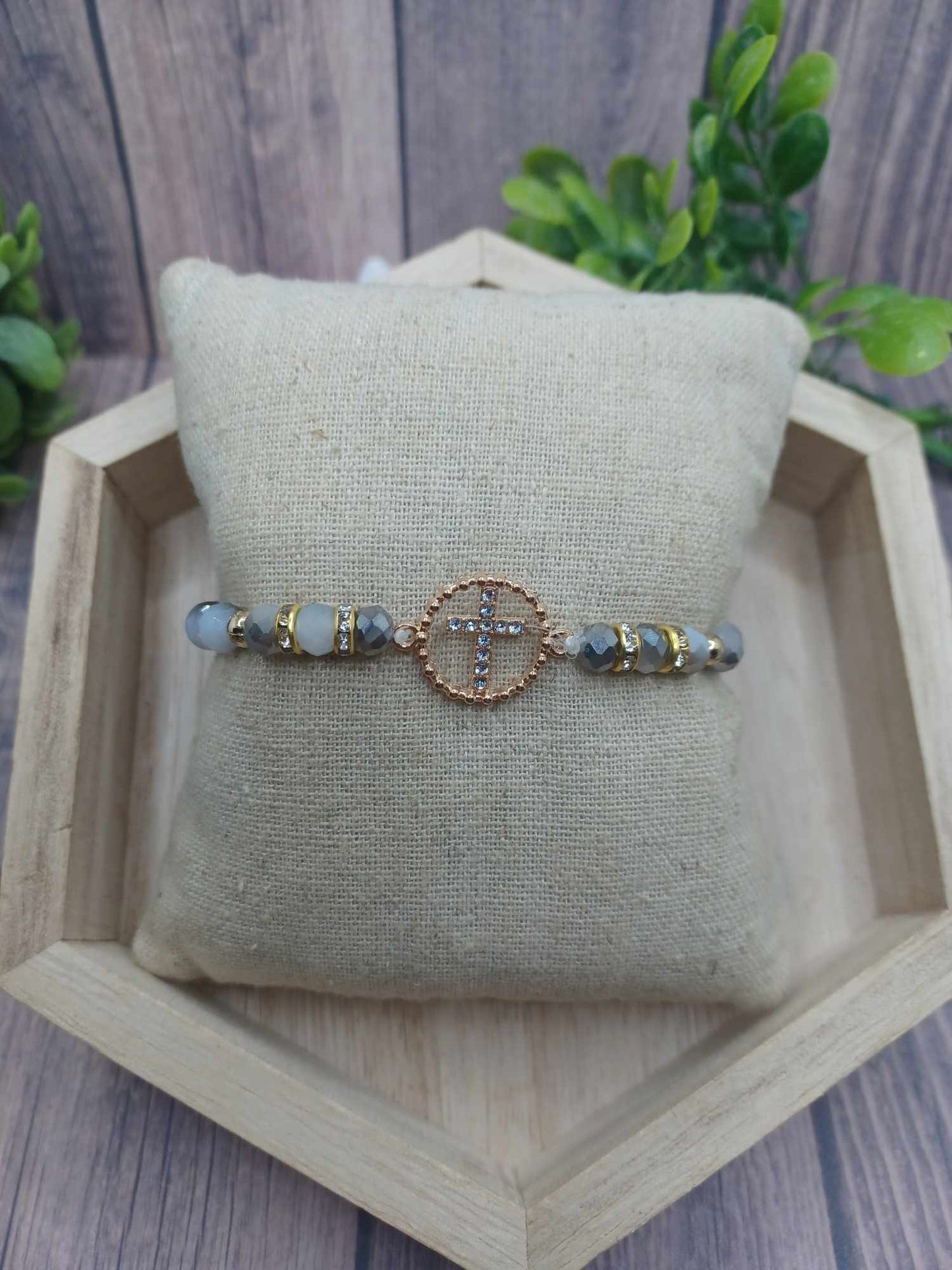 Grey Beaded Cross Bracelet