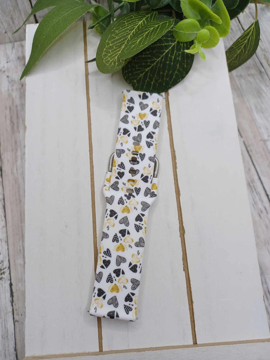 Black, Gold, & White Hearts Watch Band - fits 22MM