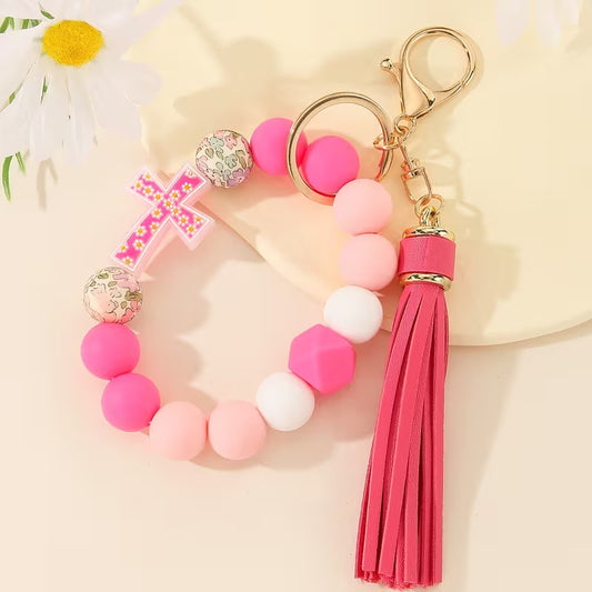 Hot Pink Floral Cross Beaded Wristlet Keychain