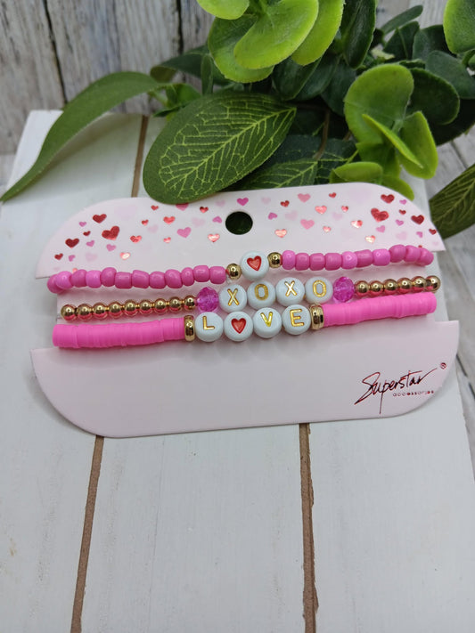 XOXO & Hearts Bracelet Set - Hot Pink