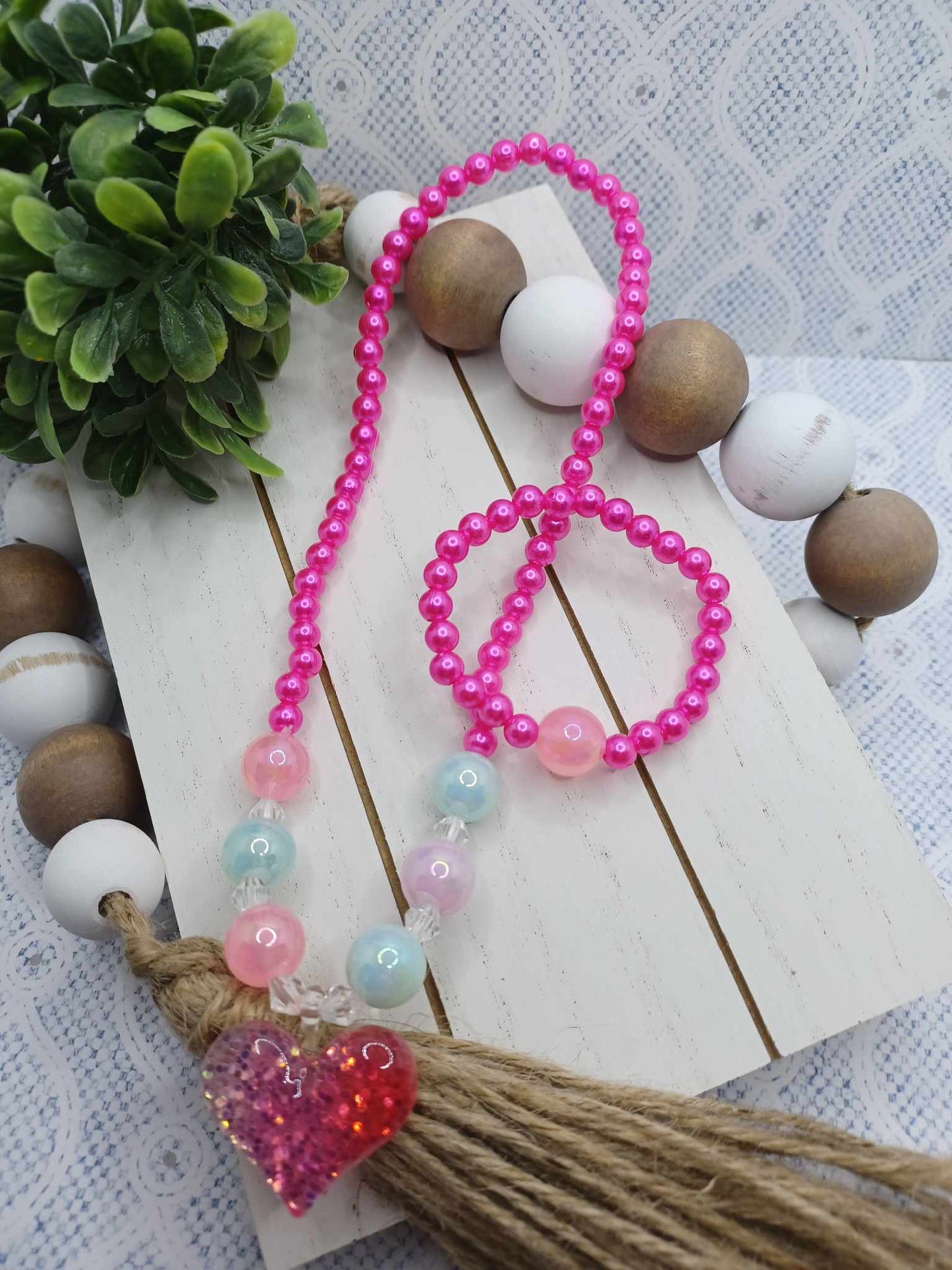 Hot Pink Beaded Necklace & Bracelet Set
