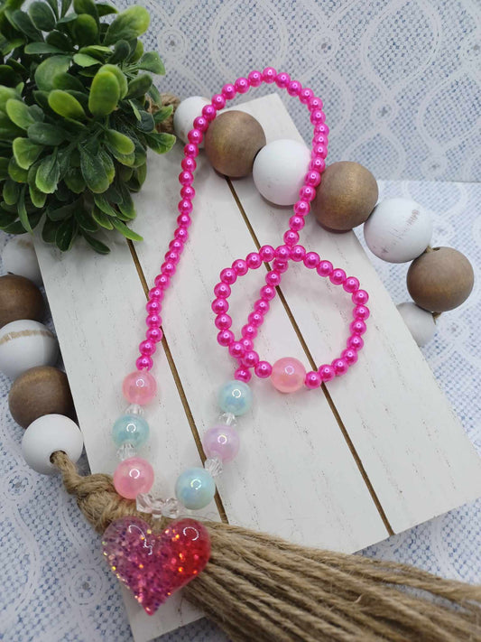Hot Pink Beaded Necklace & Bracelet Set