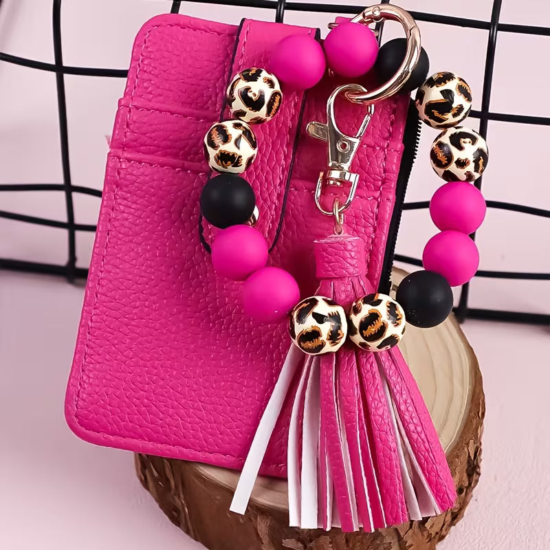 Hot Pink Beaded Wristlet Wallet w/ Leopard Beaded Accents