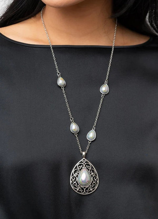 Silver Filigree Necklace w/ Iridescent Beading