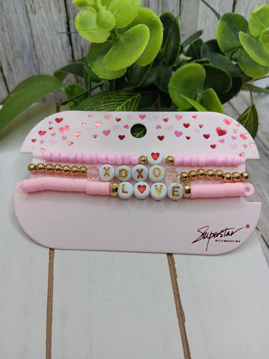 XOXO & Heart Bracelet Set - Light Pink