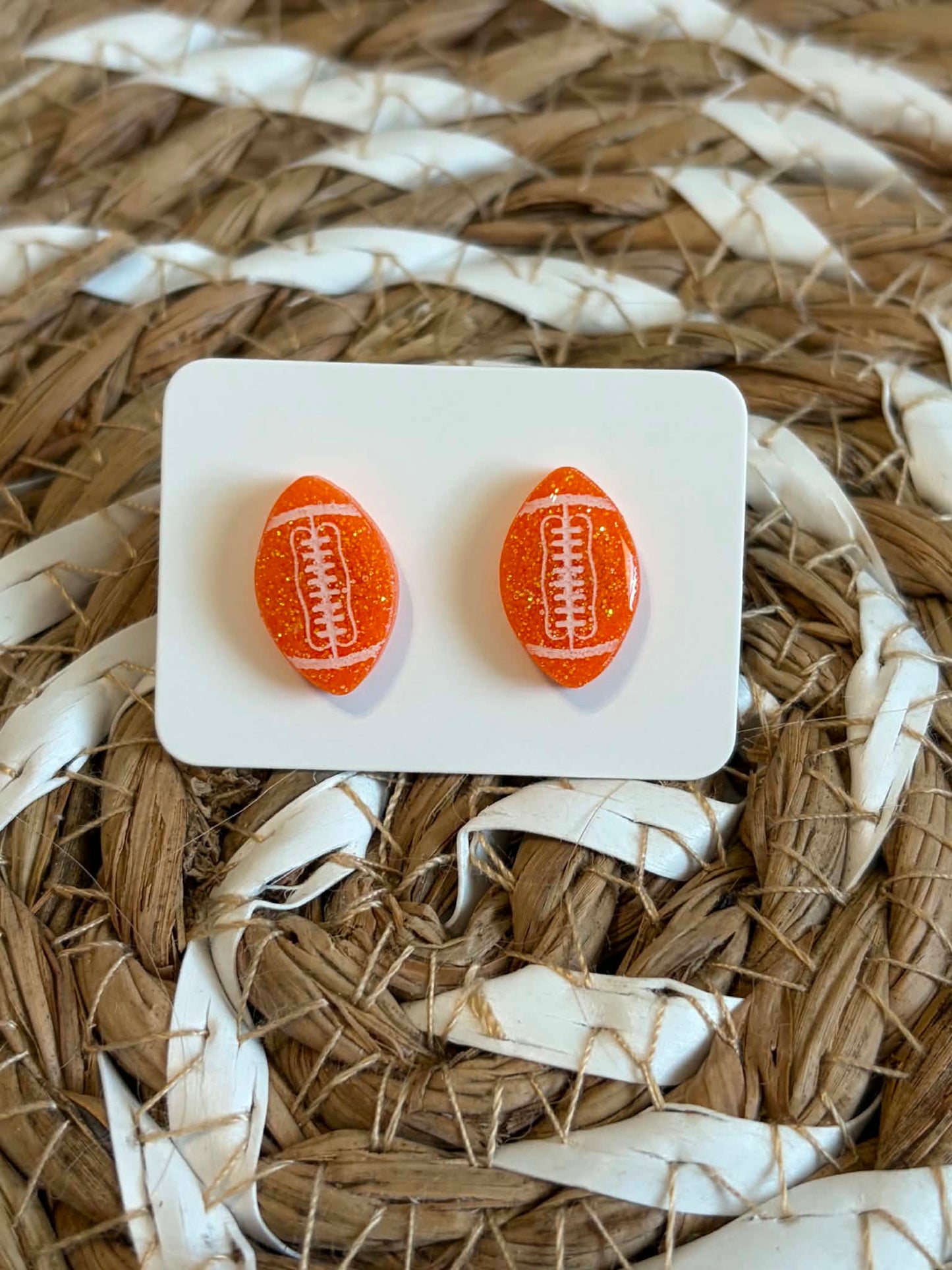 Orange Glitter Resin Football Earrings
