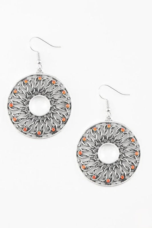 Silver Filigree Earrings w/ Orange Rhinestone Accents