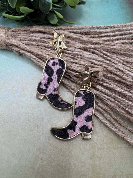 Faux Fur Cowboy Boot Earrings - Pink