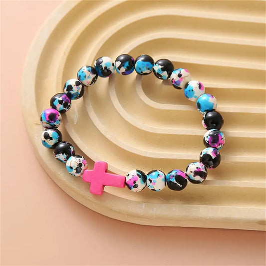 Black, Pink, & Blue Beaded Cross Bracelet