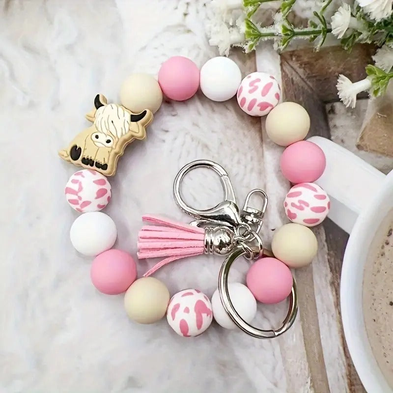 Cow Beaded Wristlet - Pink