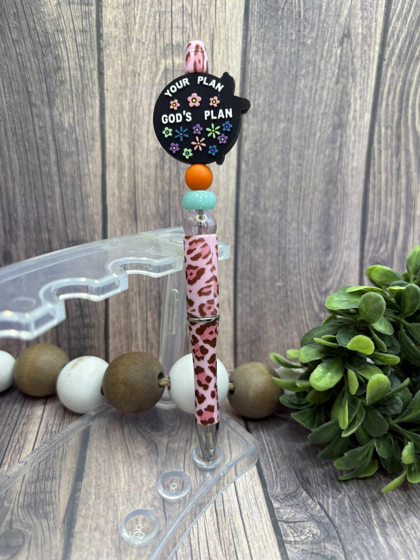 Pray on it Pray over it Pray through it Beaded Ink Pen - Pink Leopard