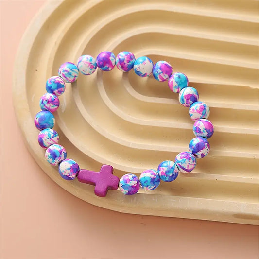 Pink & Purple Beaded Cross Bracelet
