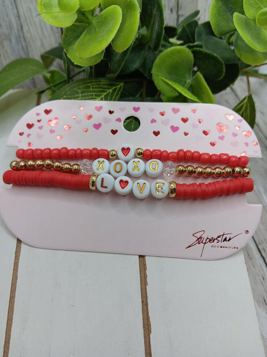 XOXO & Heart Bracelet Set - Red
