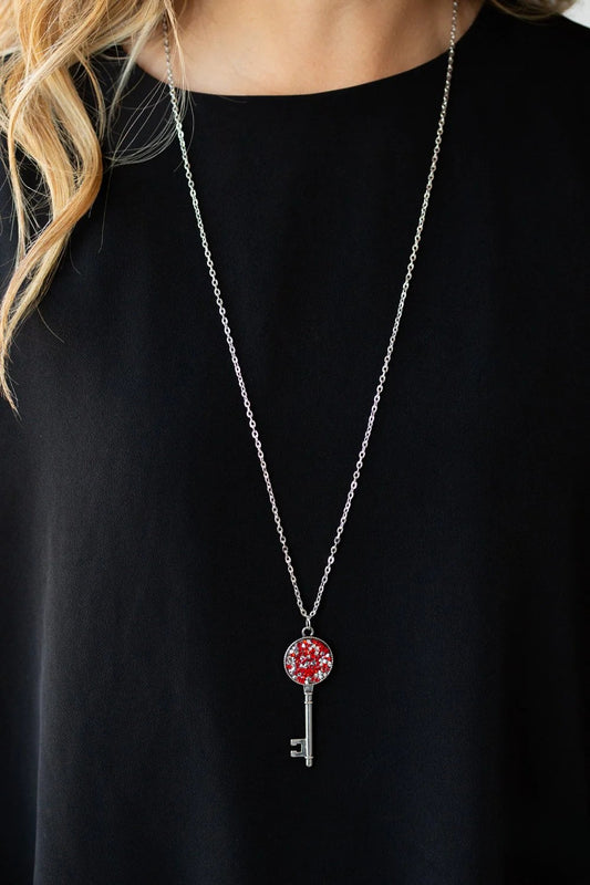 Silver Necklace w/ Red Key Rhinestone Pendant