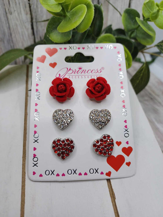 Rose & Heart Earring Set - Silver
