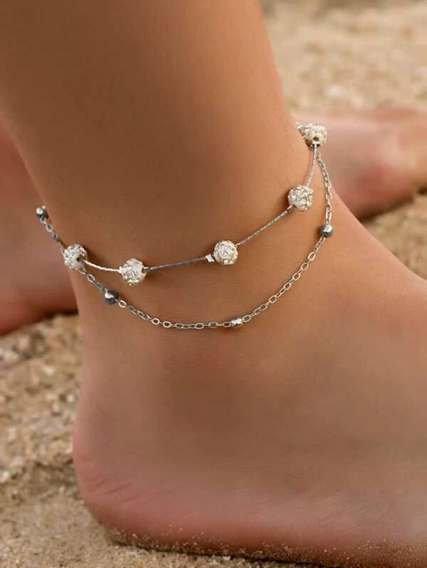 Silver Double Layered Bracelet/Anklet w/ Rhinestones