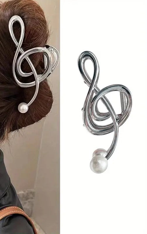 Silver Music Note Hair Claw Clip w/ Pearl Accent