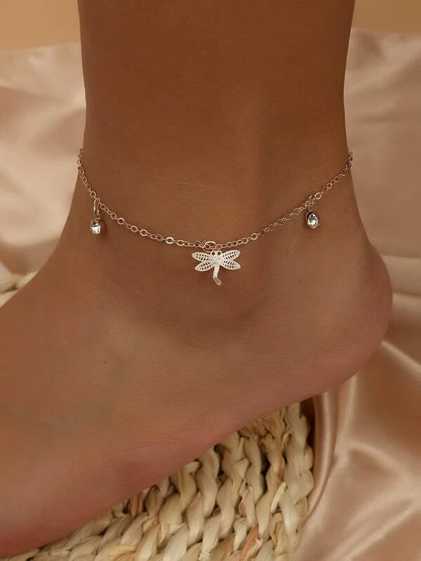 Silver Double Layered Bracelet/Anklet w/ Dragonfly Charms