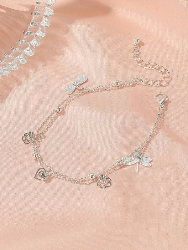 Silver Double Layered Bracelet/Anklet w/ Dragonfly Charms