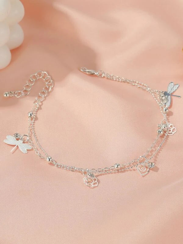 Silver Double Layered Bracelet/Anklet w/ Dragonfly Charms