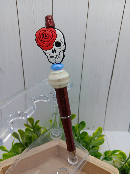 Skull w/ Rose Beaded Ink Pen