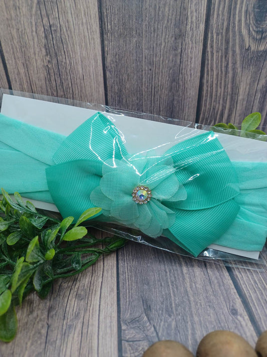 Teal SOFT Infant Headband w/ Rhinestone Flower