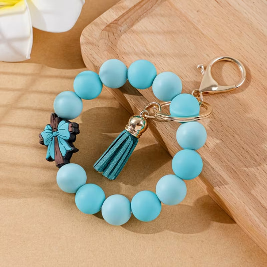 Teal Cross Beaded Wristlet Keychain