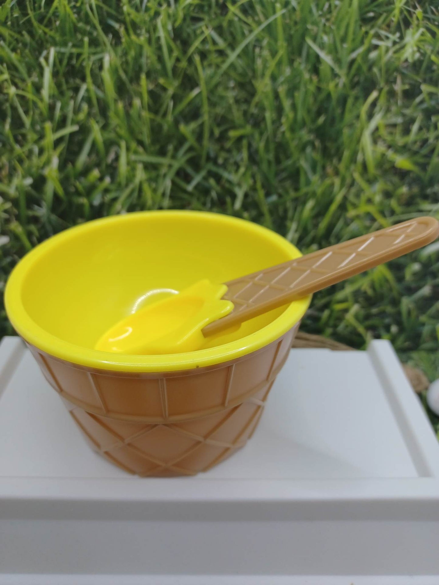 Yellow Ice Cream Waffle Cone Bowl w/ Spoon