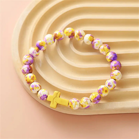 Purple & Yellow Beaded Cross Bracelet