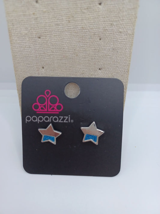 Silver Star Earrings w/ Blue Glitter