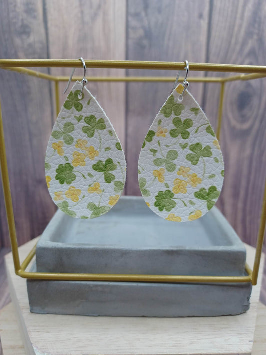 White Teardrop Leather Style Earrings w/ Shamrock Pattern
