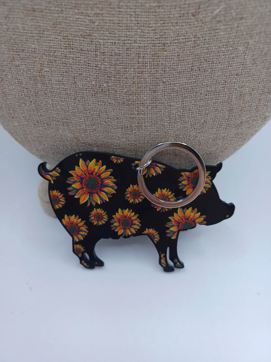 Black w/ Sunflower Patterned Pig Keychain
